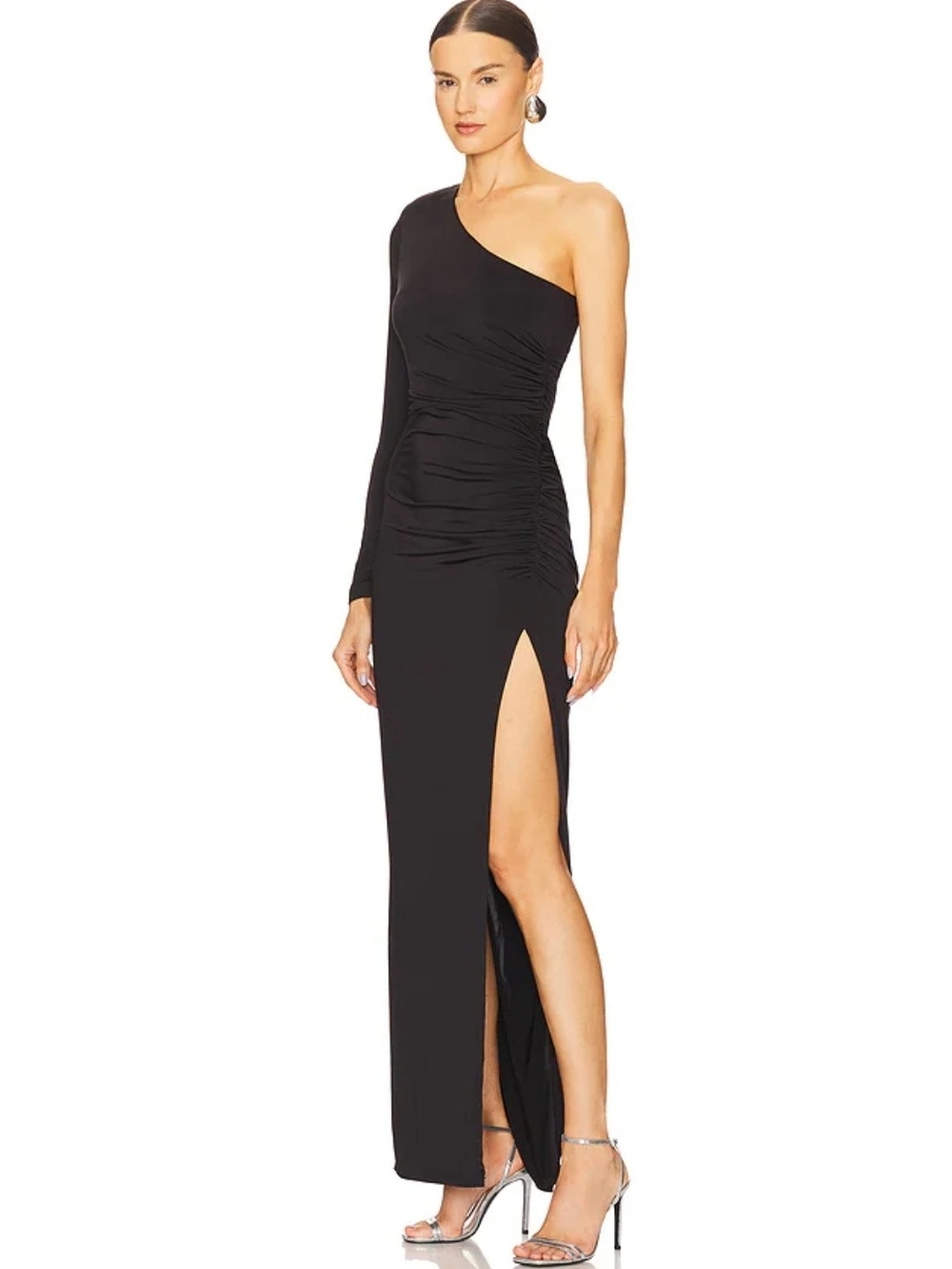 Michael Costello x Revolve One-Shoulder Black Maxi Dress Size M High Side Slit